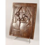 A GOOD CARVED WOOD PANEL 16ins x 11.5ins
