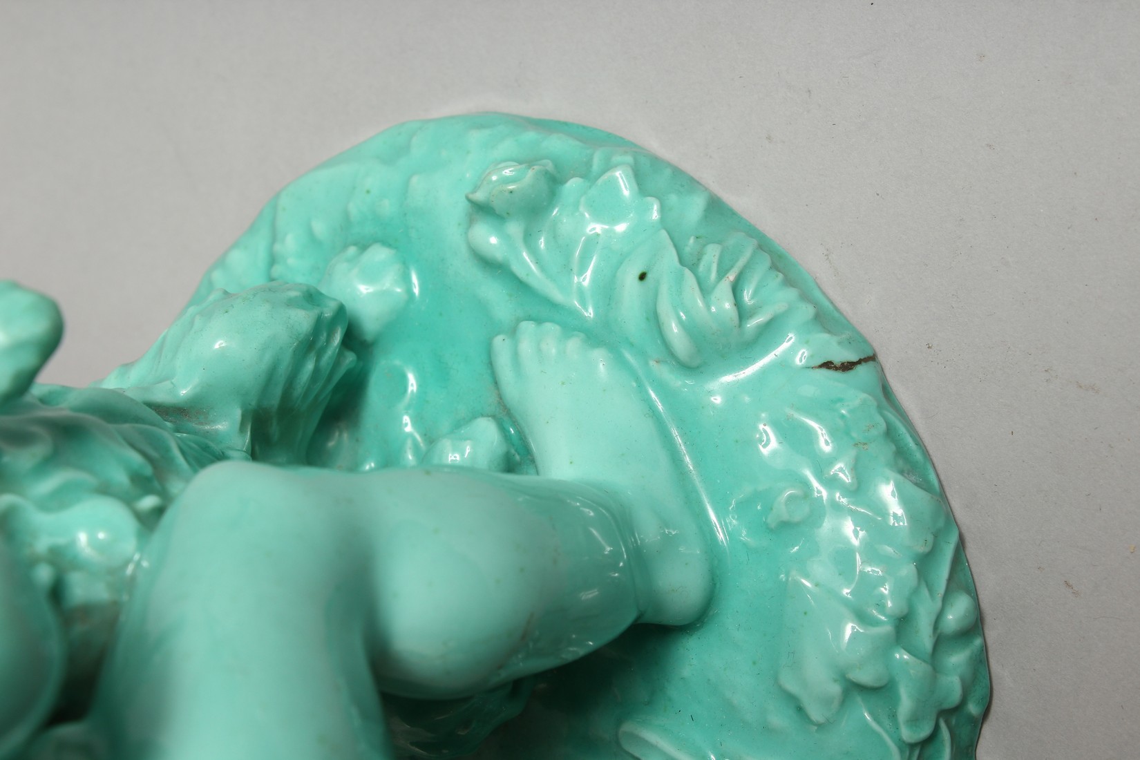 A CONTINENTAL TURQUOISE GLAZED POTTERY FIGURE of a young girl playing with a dog. 11ins high. - Image 9 of 9