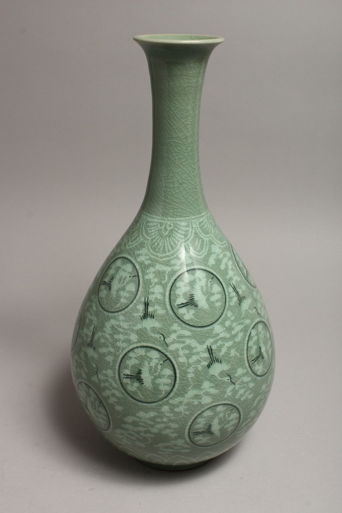 A KOREAN POTTERY BULBOUS VASE painted with storks 14ins high. - Image 5 of 6