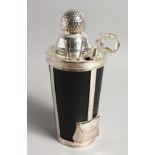 A SILVER PLATE AND LEATHER COVERED GOLF BAG COCKTAIL SHAKER with carrying handle. 11.5ins high.