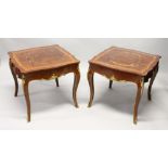 A PAIR OF FRENCH STYLE MARQUETRY INLAID AND ORMOLU MOUNTED SQUARE SHAPED LAMP TABLES 2ft 1ins wide x