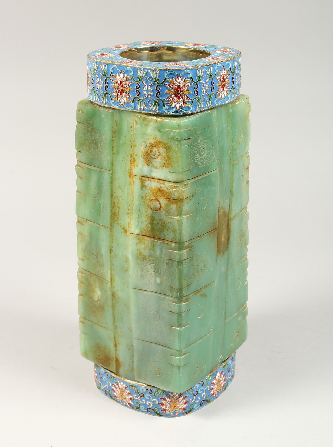 A SUPERB LARGE RUSSIAN JADE AND CLOISSONE ENAMEL VASE 12ins high.