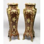 AN IMPRESSIVE PAIR OF FRENCH STYLE BURRWOOD, ORMOLU AND MARBLE PEDESTALS, in Louis XVI style. 4ft