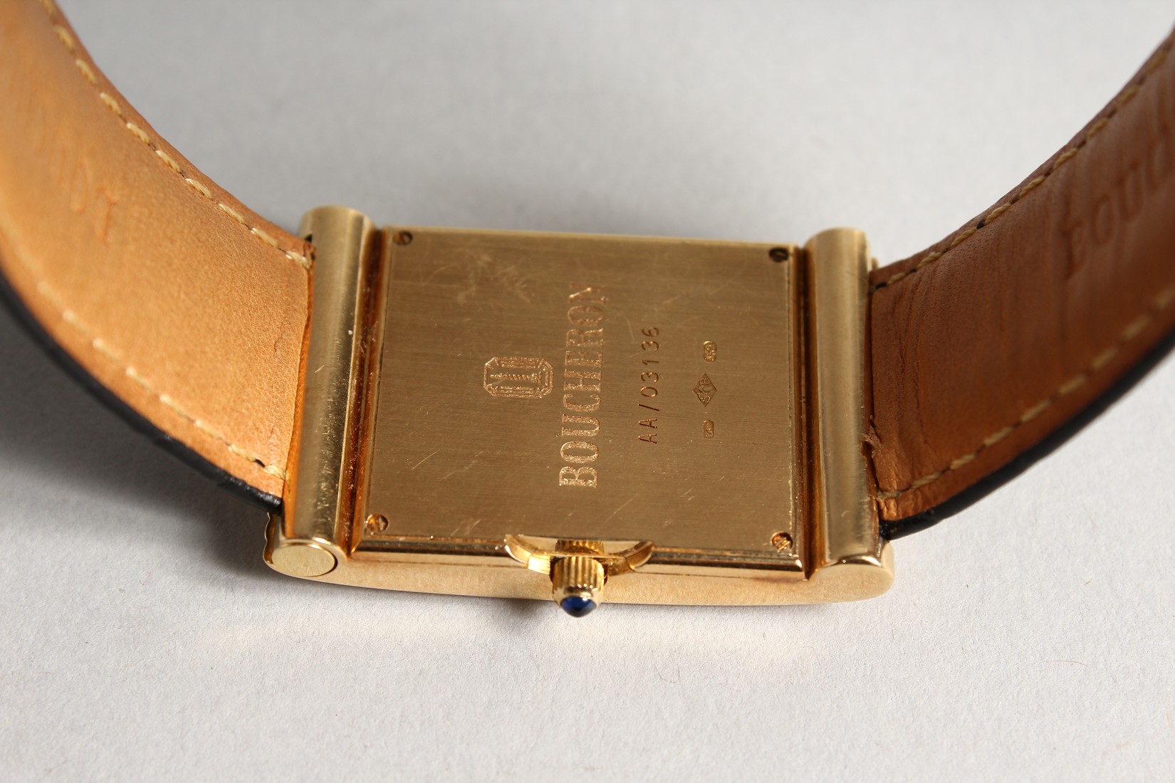 A LADIES VERY GOOD BOUCHERON 18CT GOLD WRISTWATCH with leather strap, No. A A /03136 - Image 6 of 6