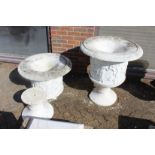 A VERY GOOD PAIR OF ITALIAN CARVED WHITE MARBLE CAMPAGNA URNS ON STANDS 2ft 5ins high stand 2ft