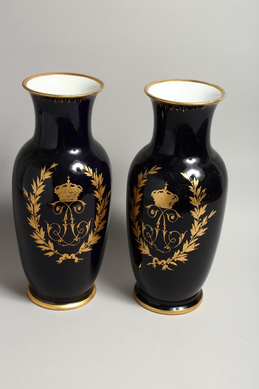 A SUPERB LARGE PAIR OF SEVRES PORCELAIN VASES rich deep blue, painted with a large panel of girls, - Image 5 of 7