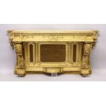 A SUPERB MATCHING 19TH CENTURY GILT WOOD CONSOLE TABLE with marble top, scrolling acanthus