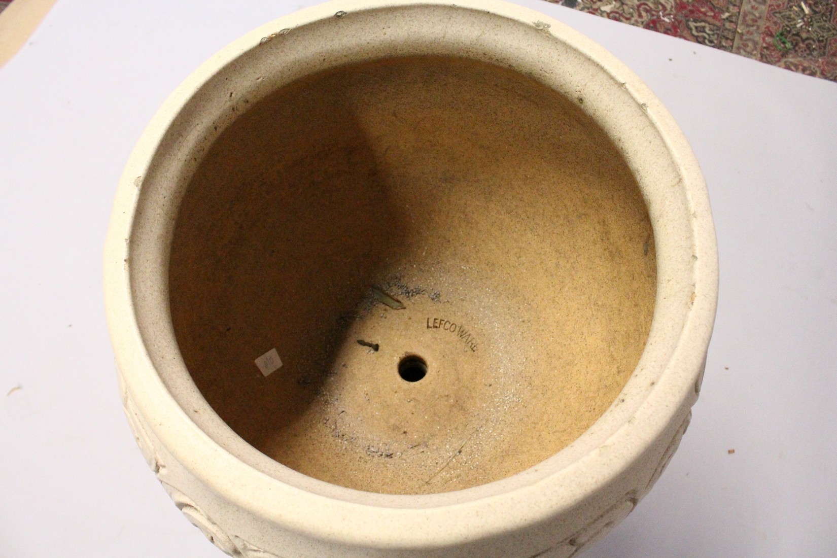 A LEEDS FIRE CLAY LEFCO WARE STONE WARE JARDINIERE AND STAND, the ovid bowl with scrolls 3ft 1ins - Image 4 of 6