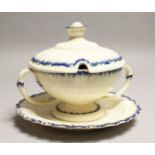 A CREAMWARE TWIN HANDLED PEDESTAL TUREEN, COVER AND STAND, with three dash border Stand 7.5ins