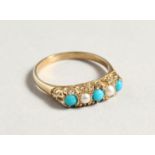 A 9CT GOLD TURQUOISE AND PEARL RING.