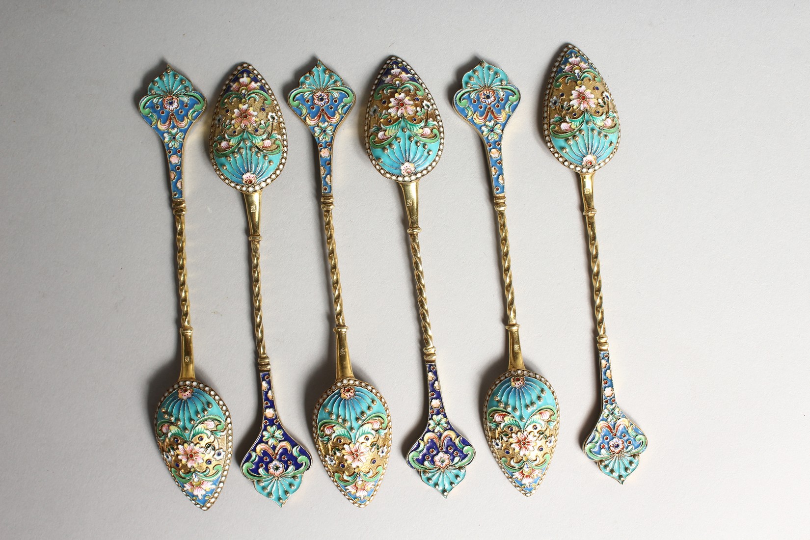 A SET OF SIX RUSSIAN SILVER AND ENAMEL SPOONS Stamped '84' 7ozs. - Image 2 of 3