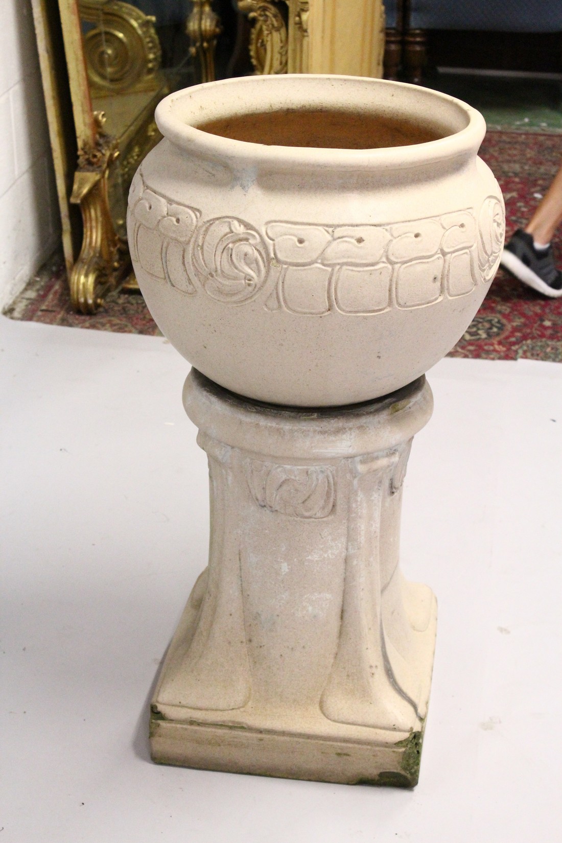 A LEEDS FIRE CLAY LEFCO WARE STONE WARE JARDINIERE AND STAND, the ovid bowl with scrolls 3ft 1ins - Image 2 of 6