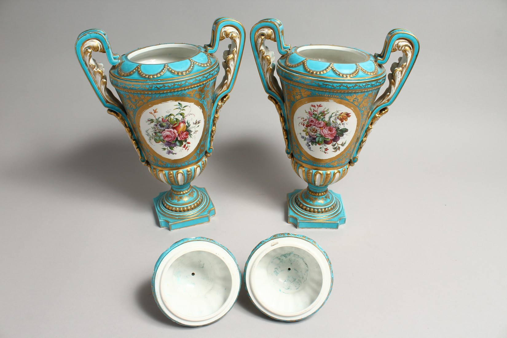 A SUPERB LARGE PAIR OF SEVRES PORCELAIN TWO HANDLED URN SHAPED VASES AND COVERS painted with reverse - Image 9 of 13