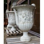 A VERY GOOD PAIR OF ITALIAN CARVED WHITE MARBLE CAMPAGNA TWIN HANDLED URNS, 4ft High.