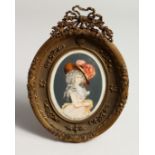 A SUPERB OVAL FRAMED PORTRAIT OF DUCHESSE DE DEVONSHIRE. 5ins x 3.5ins in a ormolu frame with