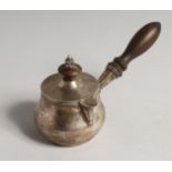 AN EARLY COLONIAL SILVER BRANDY PAN AND COVER with turned wood handle, Circa. 1800, maker P. & G.