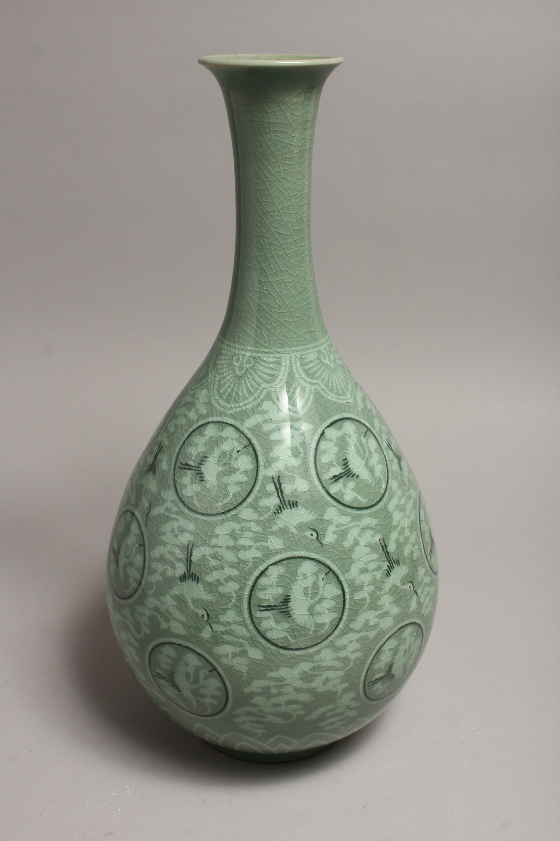 A KOREAN POTTERY BULBOUS VASE painted with storks 14ins high. - Image 3 of 6