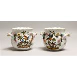 A PAIR OF DRESDEN PORCELAIN TWIN HANDLED JARDINIERE, each painted with birds amongst trees, with