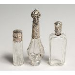 THREE GLASS SILVER TOP SCENT BOTTLES