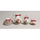 A MINIATURE PAIR OF CONTINENTAL PORCELAIN DRESDEN STYLE TEA SET comprising two jugs, bowl, one cup