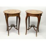 A PAIR OF FRENCH STYLE MARQUETRY INLAID AND ORMOLU MOUNTED CIRCULAR TABLES, with a single frieze