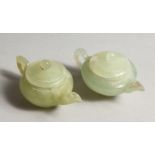 TWO SMALL JADE TEA POTS