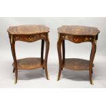 A PAIR OF FRENCH STYLE MARQUETRY INLAID TWO TIER SINGLE DRAWER SIDE TABLES, with cabriole legs 1ft