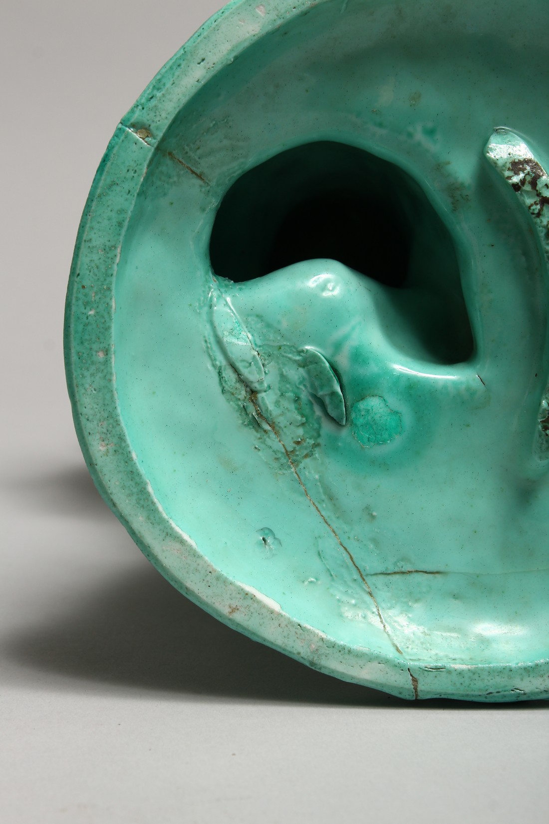 A CONTINENTAL TURQUOISE GLAZED POTTERY FIGURE of a young girl playing with a dog. 11ins high. - Image 8 of 9