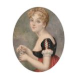 A good Victorian oval portrait miniature of a Young Lady holding a flower, 3" x 2.5", unframed.