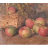 19th Century Continental School, A still life study of apples and grapes by a basket, oil on canvas,
