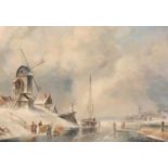 20th Century Dutch School, Figures on a frozen waterway, oil on canvas, indistinctly signed, 14" x