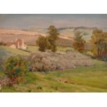 Early Twentieth Century English School, Scene of a cottage amongst rolling hills, oil on panel,