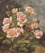 Fortunio Matania (1881-1963) Italian, A still life study of pink roses in bloom, oil on canvas,