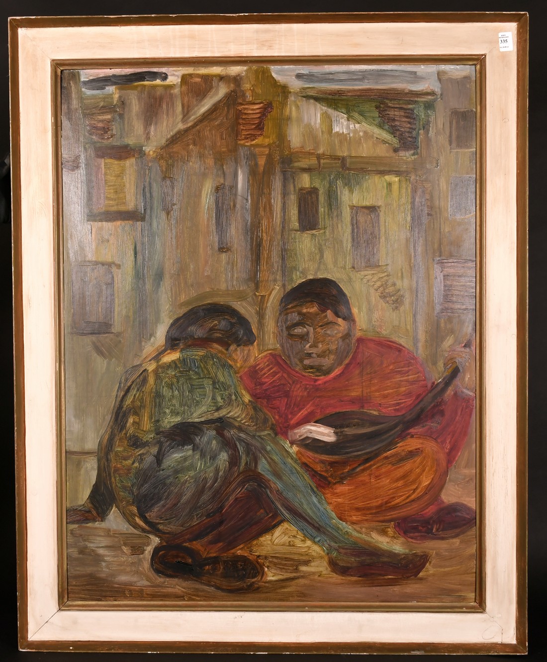 20th Century School, Seated figures in a street on playing a musical instrument, oil on board, 35.5" - Image 2 of 3