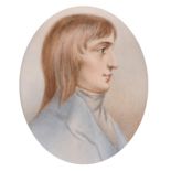 An oval portrait miniature of a Young Man in a gilt frame, 2" x 1.75".