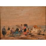 After Eugene Boudin, Figures on a beach, oil on panel, bears signature, 5.25" x 7".