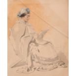 19th Century English School, A study of a seated lady reading, watercolour, 7" x 5.5".