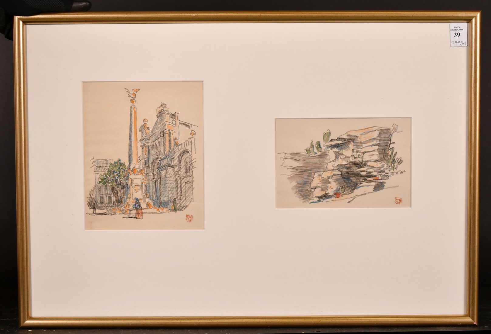 Early 20th Century, A set of four sketches of various scenes, all signed with an ink stamp, framed - Image 2 of 4