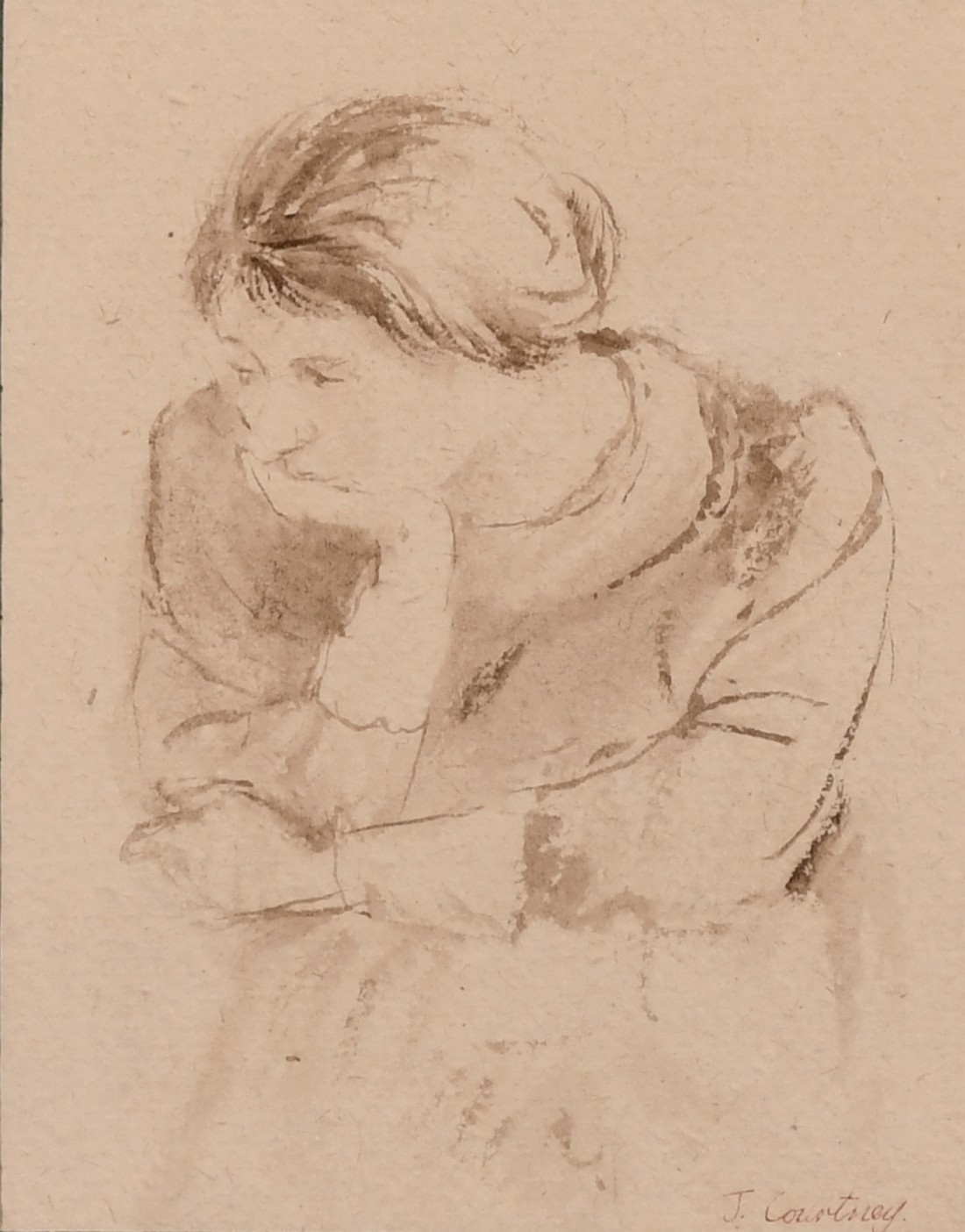 Jeffery Courtney, An ink sketch of a seated lady in thought, 5" x 4", along with a pencil sketch