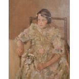 Early 20th Century School, A portrait of a seated girl with a garland of flowers in her hair, oil on