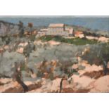 Clive McCartney, A view of a Continental villa through fields, oil on board, signed, 8" x 11".