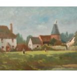 H E Lewis, 20th Century, 'Near Rye', figures before an oast house, oil on board, signed with