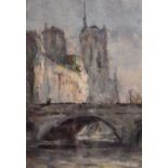 Early 20th Century French Impressionist School, Figures on the Pont Neuf with Notre Dame beyond, oil