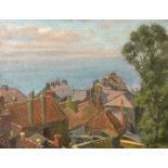 James Proudfoot (1908-1971) British, Rooftops with a coastal scene beyond, oil on board, signed, 14"