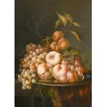 20th Century School, A still life of mixed fruit on a platter, oil on panel, signed S. Judge?, 16" x