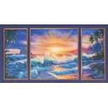 Christian Riese Lassen (b.1955) American, A triptych print, depicting a colourful ocean, with sunset