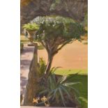 Stephen Rose (b. 1960), A study of plants in a formal garden, oil on panel, signed, 12" x 8".