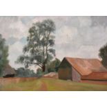 Charles Stokoe, A scene of a farm building in open countryside, oil on panel, 11" x 15".