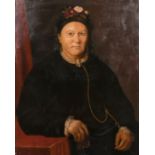 19th Century English School, A portrait of a seated lady with flowers in her bonnet, oil on