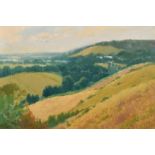 H E Lewis, 20th Century, A hilltop view of rolling countryside, oil on board, signed with initials